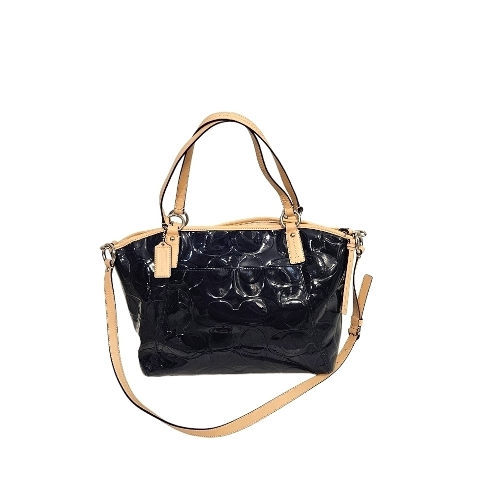 Coach Blue & Tan Patent Leather Monogram Pocket Tote Shoulder Bag - Picture 4 of 12